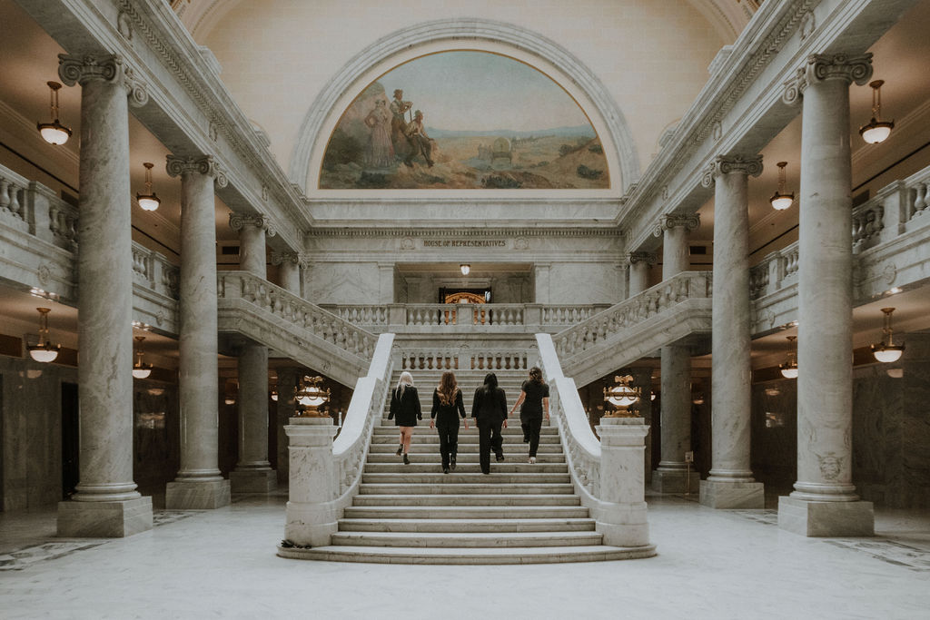 women walking up stairs